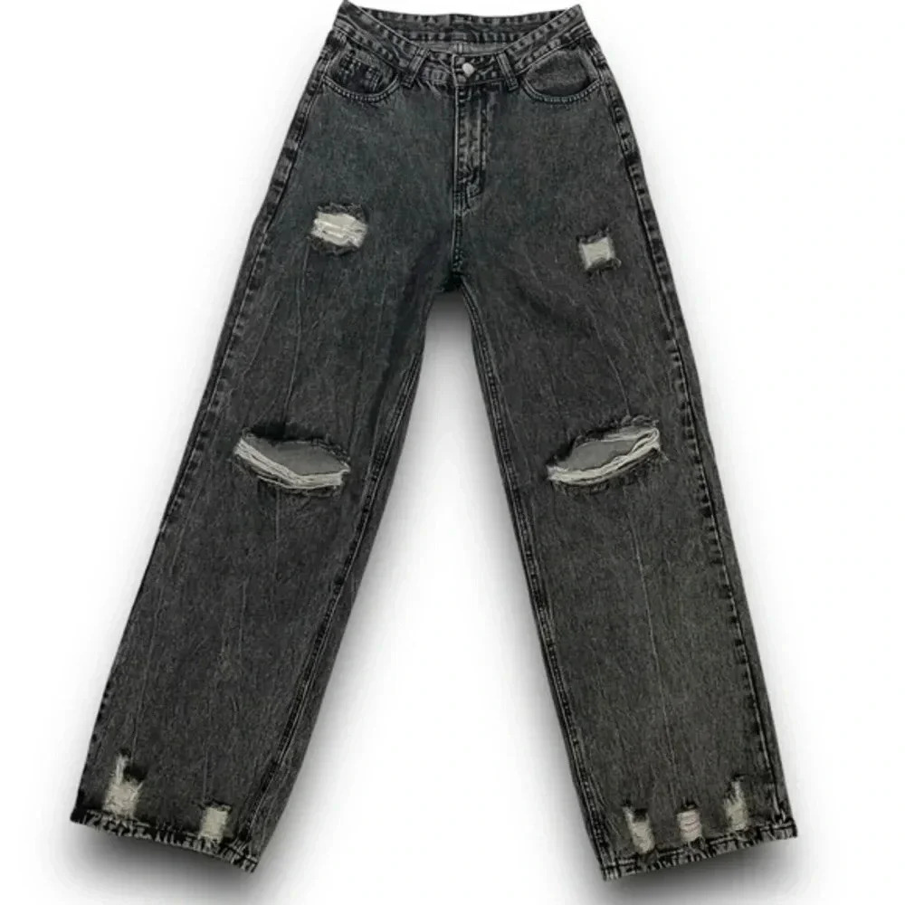 Women’s Wide Leg High Waisted  Jeana Distressed Dark Grey Acid Wash Jeans Sz Med